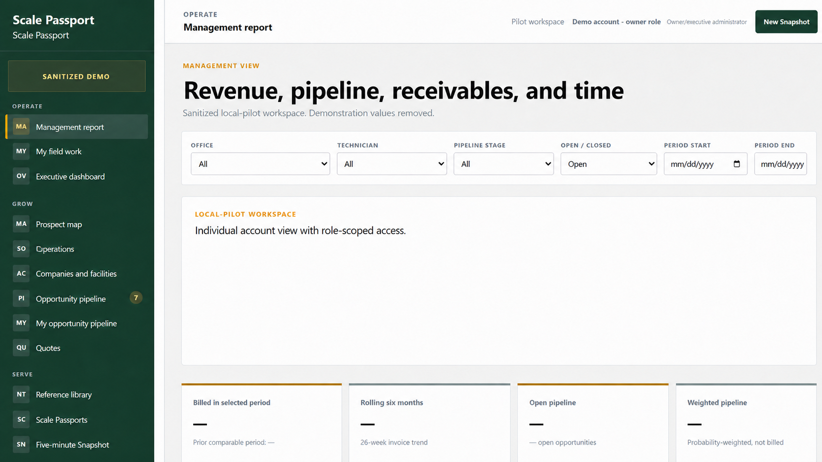 Sanitized Scale Passport management interface with identity and financial amounts removed